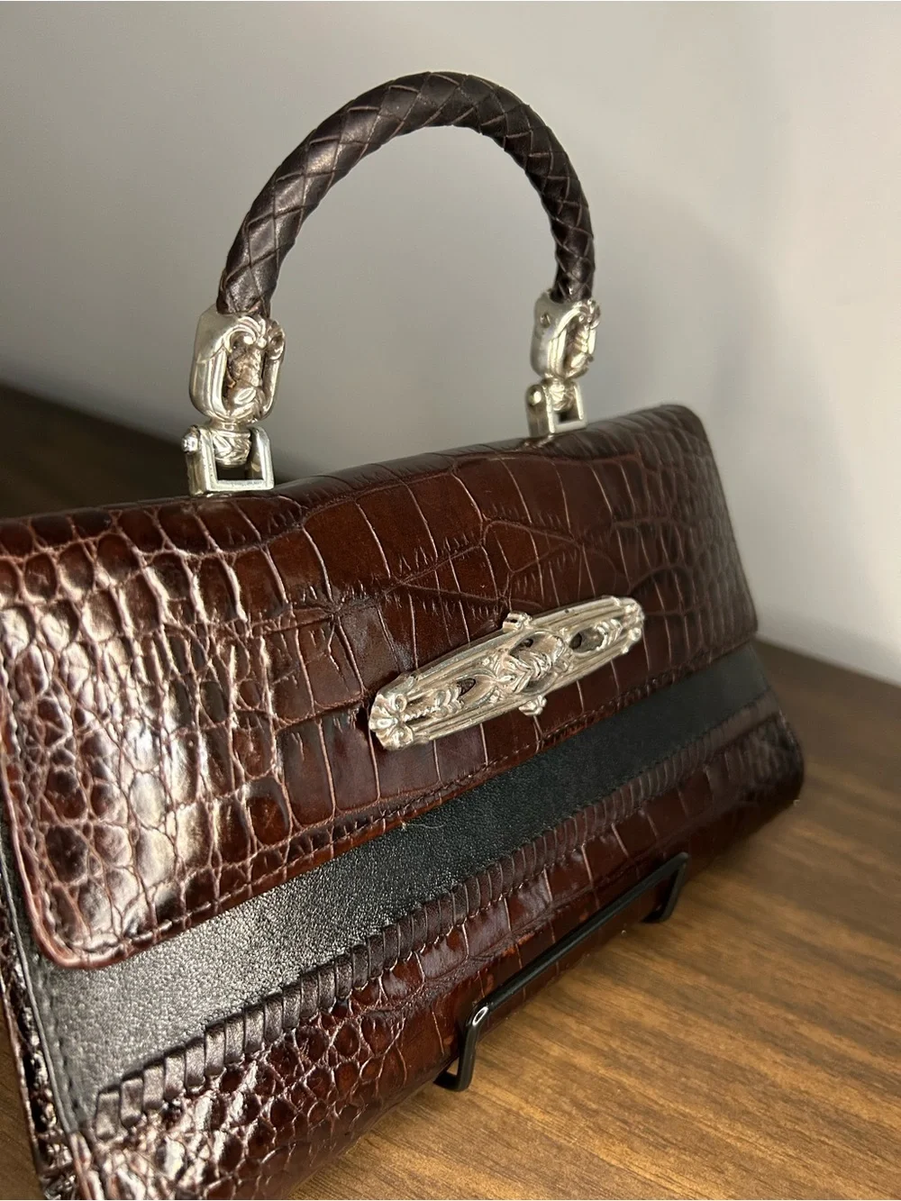 Brighton Brown Croc Embossed Top Handle Mini Purse Wallet Bag